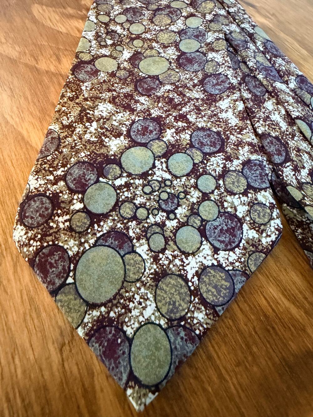Vintage Jhane Barnes 100% Silk Abstract Circle Tie – Moss Green & Ochre